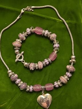 Lavender Bead Heart Pendant 18+2" Necklace and Bracelet Set